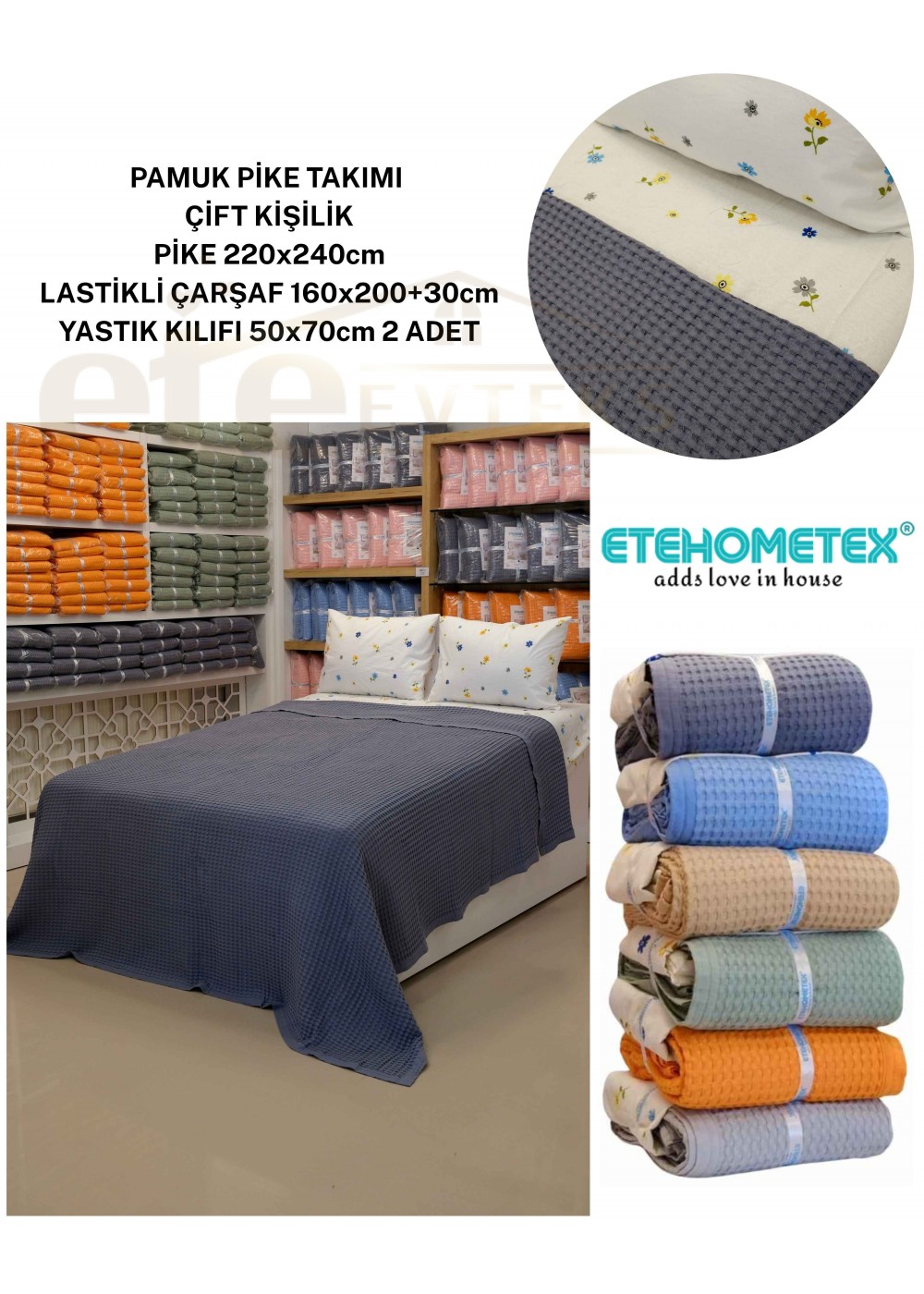 ETEHOMETEX ÇİFT KİŞİLİK %100 PAMUK HAVUZLU PİKE TAKIMI ANTRASİT 8696474232091